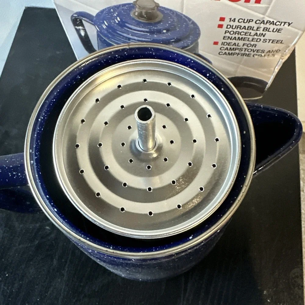 Coleman New 14 Cup Blue Porcelain Enamel Steel Percolator Dishwasher Safe New